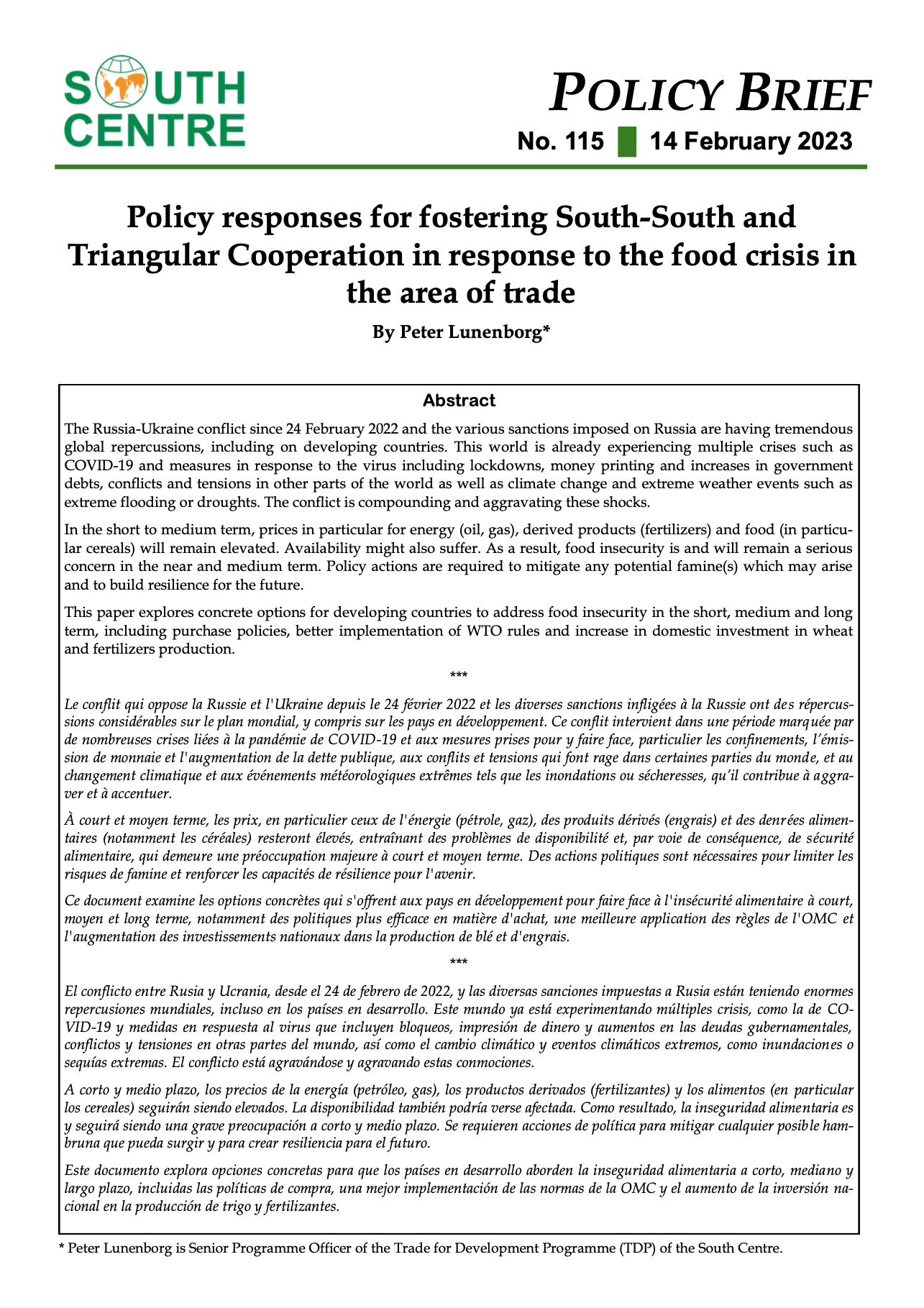 Policy Responses for Fostering South-South and Triangular Cooperation in Response to the Food Crisis in the Area of Trade